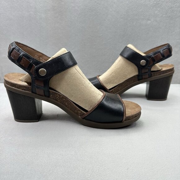 Womens 9.5-10 / EU 40 Dansko Debby Heeled Sandals Black Leather Raffia Chunky - Picture 5 of 8